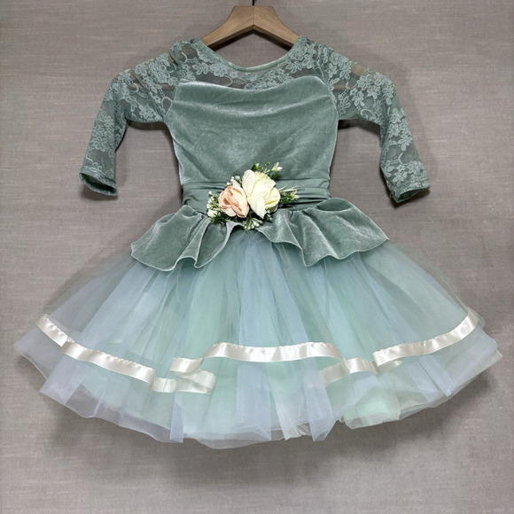 Weissman Dance Green Velour Lace Tutu Costume Princess Dress Flowers Sz SC Small - Picture 1 of 8
